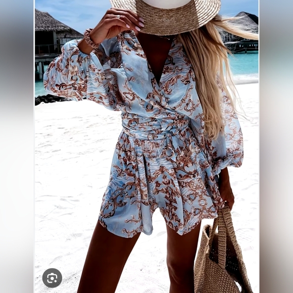 UMGEE* boho western hippy chic lined shorts jumpsuit asymmetric bell sleeve - Picture 15 of 17